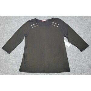 Love Scarlett Blouse Top Womens L Black 3/4 Sleeve Stretch Grommets Knit New